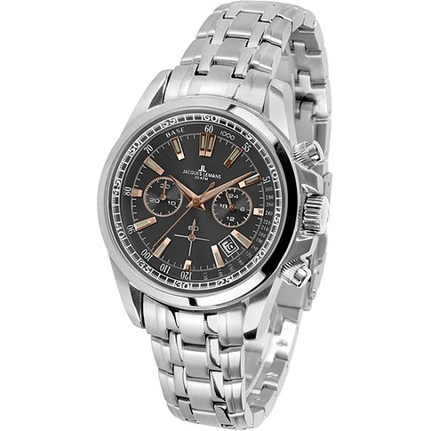 Jacques Lemans Herrenuhr mit Edelstahlgehäuse, schwarzem Zifferblatt und Chronograph.