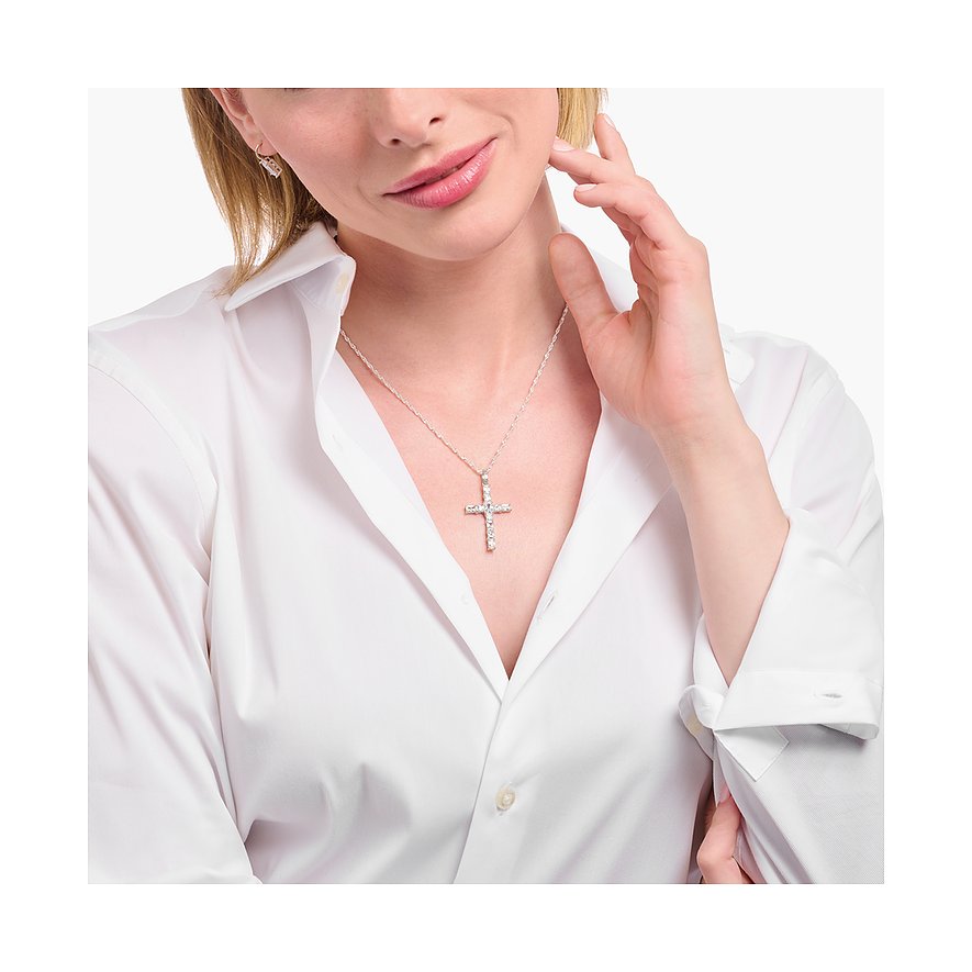 Thomas Sabo Halsschmuck aus 925er Silber mit Kreuzanhänger und weißen Steinen.