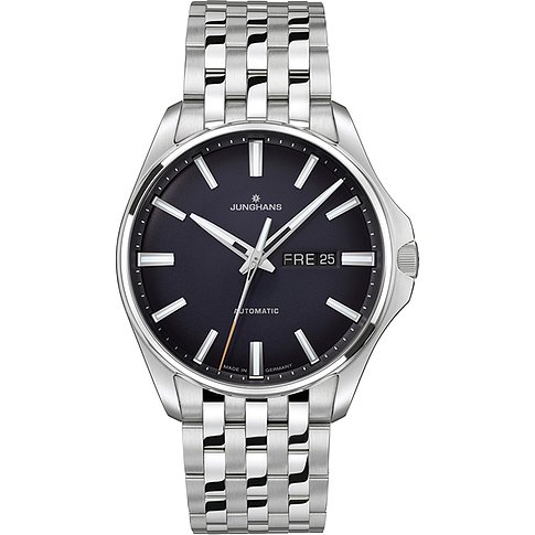 Junghans Herrenuhr mit Edelstahlgehäuse und dunklem Zifferblatt.
