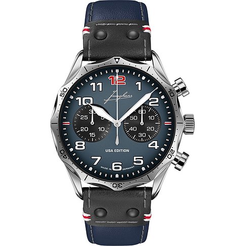 Junghans Herrenuhr aus Edelstahl mit blauem Zifferblatt und blau-schwarzem Lederarmband, rote 12.