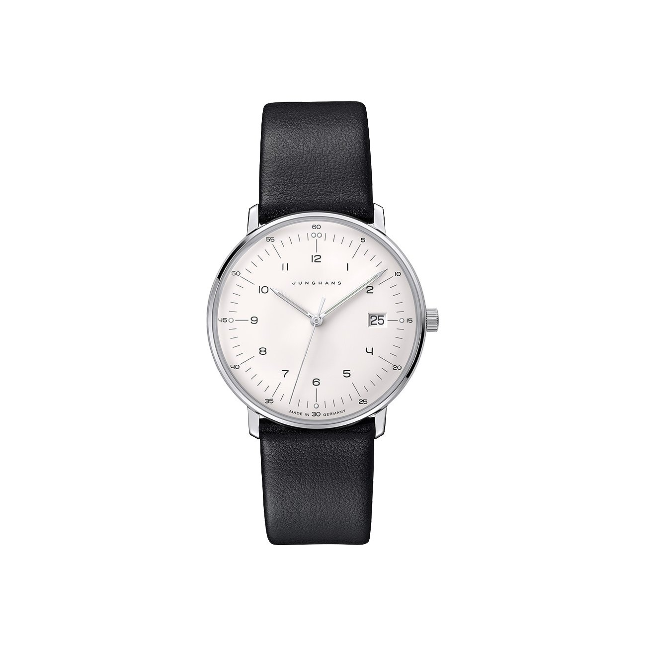 Junghans Damenuhr mit Edelstahlgehäuse, weißem Zifferblatt und schwarzem Lederarmband.