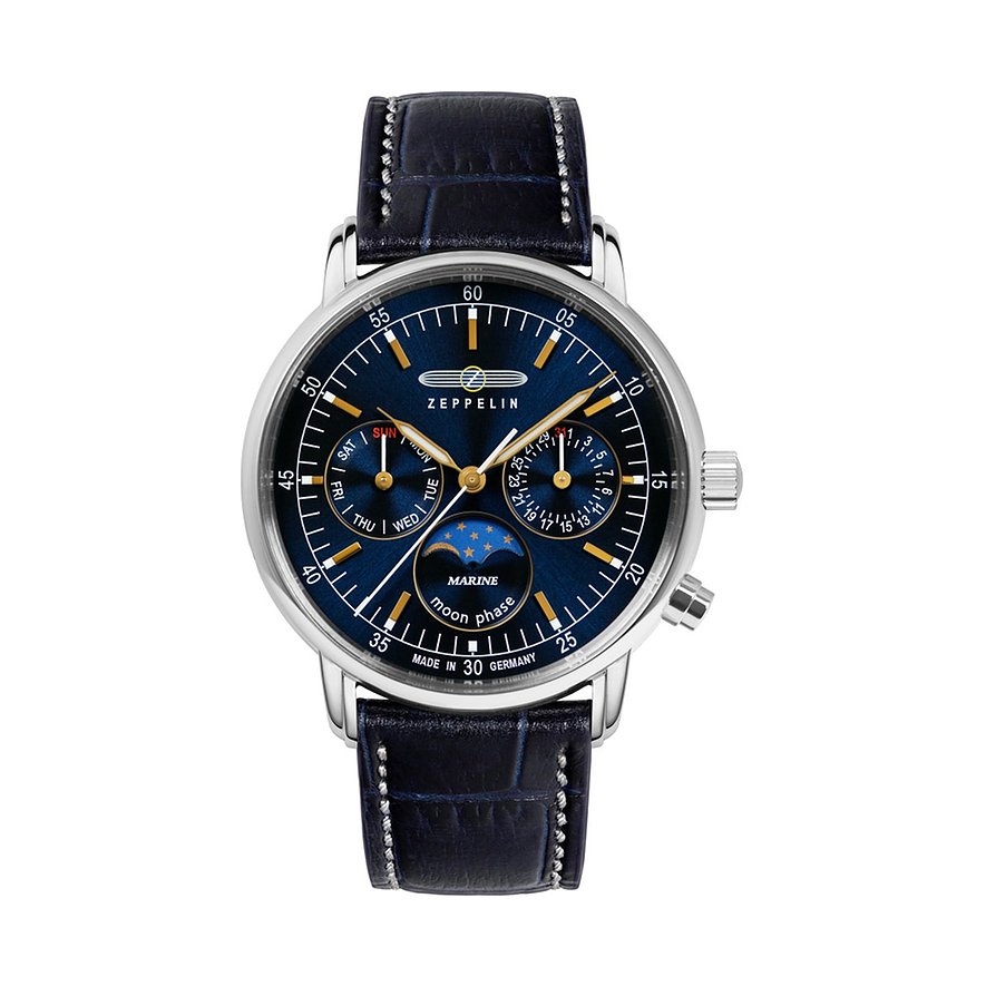 Zeppelin Damenuhr LZ 14 Marine Mondphase 86353, Damen, Edelstahl, Armband: Leder, Quarz, analog