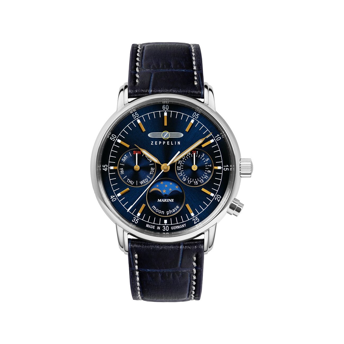 Zeppelin Damenuhr mit Edelstahlgehäuse, blauem Zifferblatt und Mondphasenanzeige.