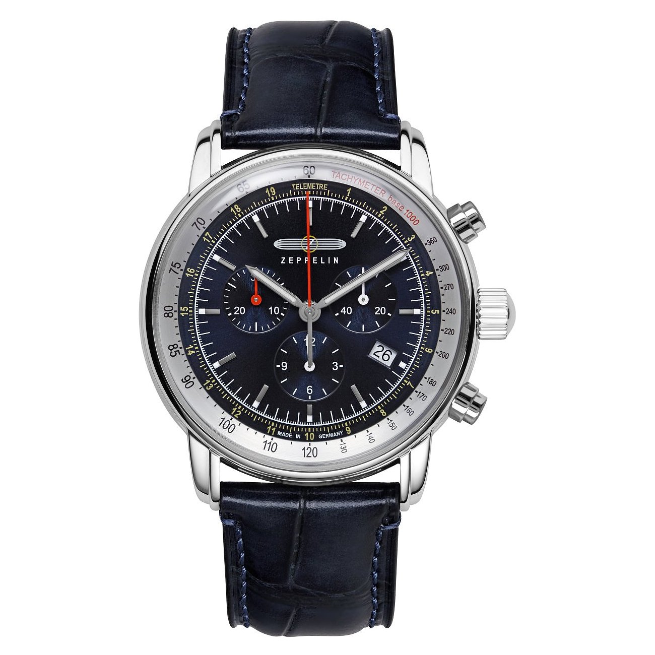 Zeppelin Herrenuhr mit Edelstahlgehäuse, blauem Zifferblatt und Lederarmband.