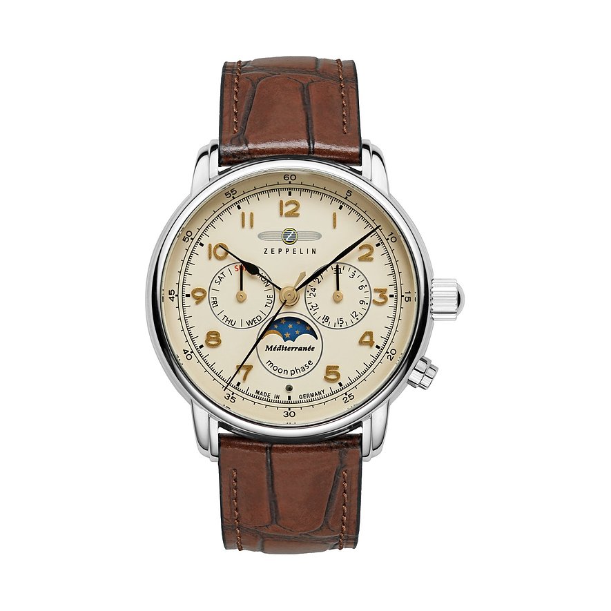 Zeppelin Herrenuhr Méditerranée Mondphase 96365, Herren, Edelstahl, Armband: Leder, Quarz, analog