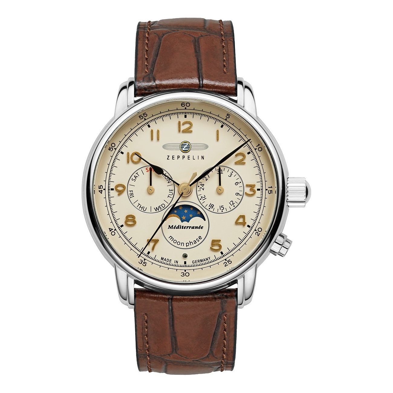 Zeppelin Herrenuhr mit Edelstahlgehäuse, cremefarbenes Zifferblatt, Mondphase.