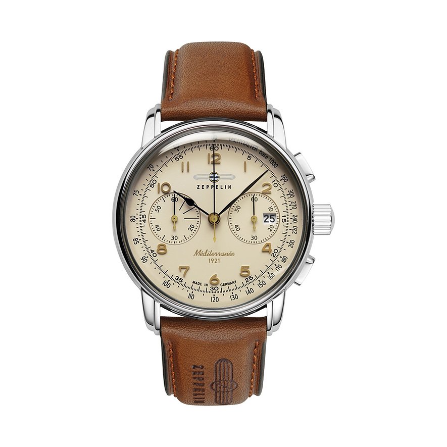 Zeppelin Chronograph Méditerranée 96705, Herren, Edelstahl, Armband: Leder, Quarz, analog