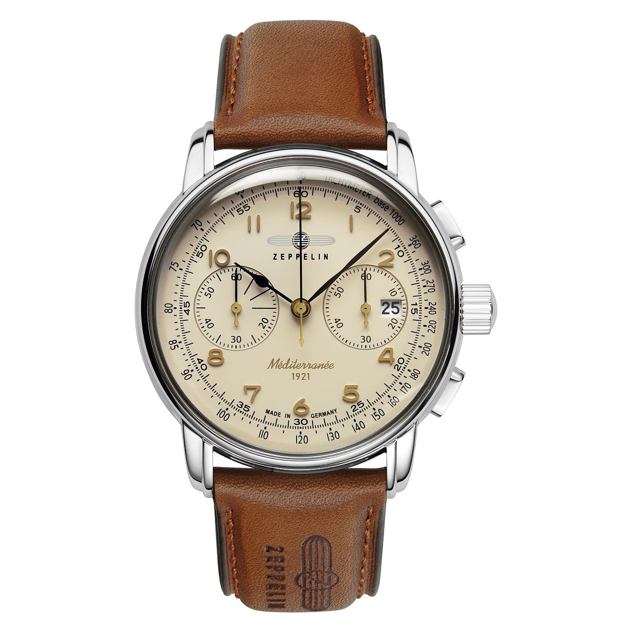 Zeppelin Herrenuhr mit Edelstahlgehäuse, cremefarbenem Zifferblatt und Lederarmband.