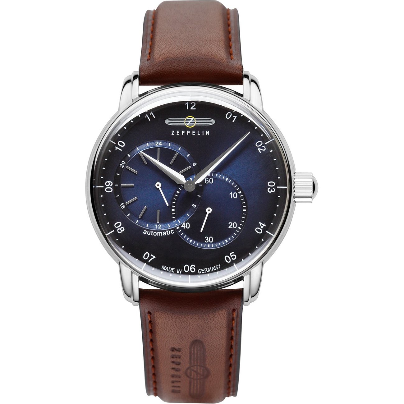 Zeppelin Herrenuhr mit Edelstahlgehäuse, blauem Zifferblatt und Automatikwerk.