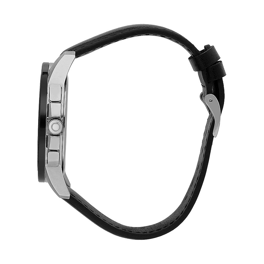 Trussardi Herrenuhr mit Edelstahlgehäuse und schwarzem Lederarmband.