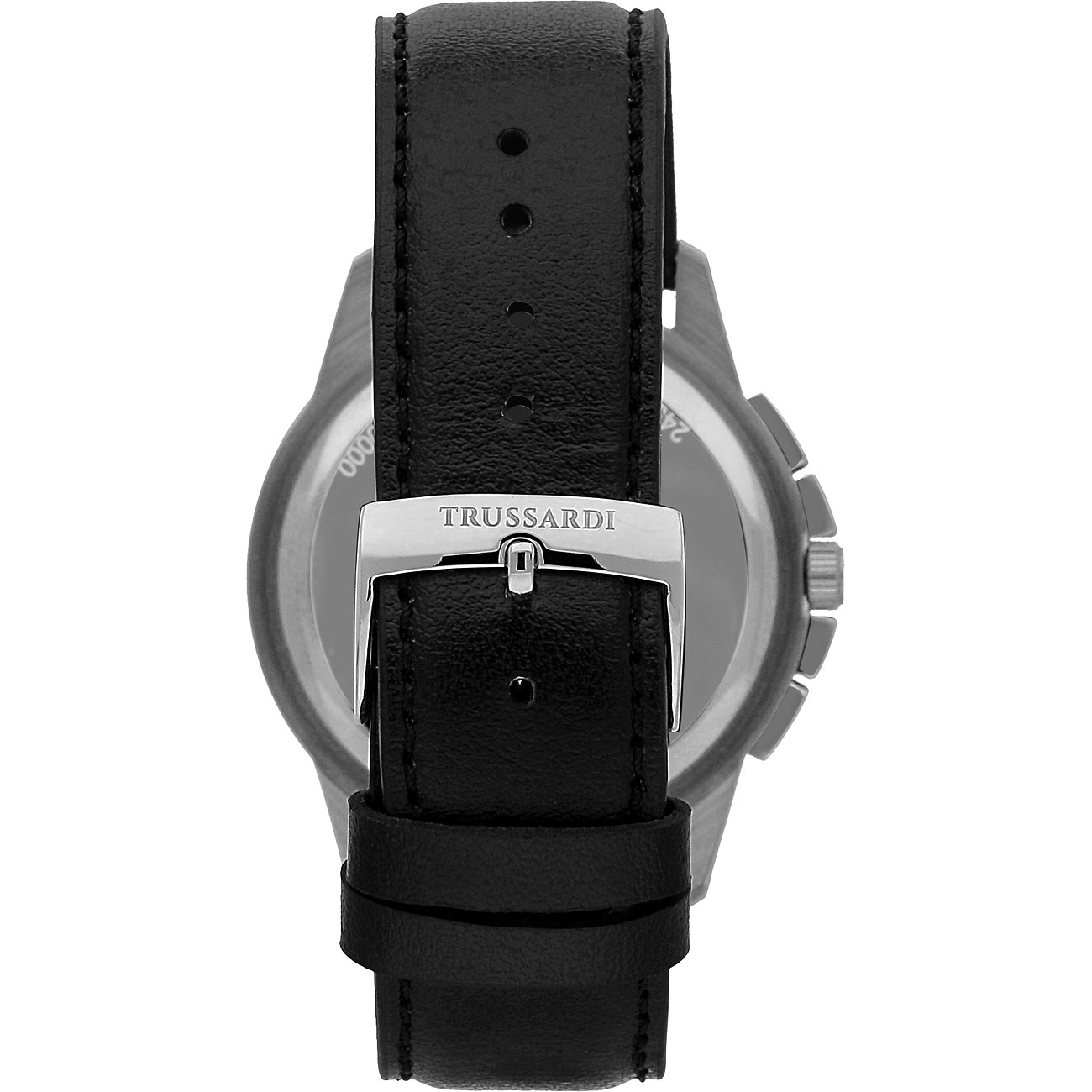 Trussardi Herrenuhr mit Edelstahlgehäuse und schwarzem Lederarmband.