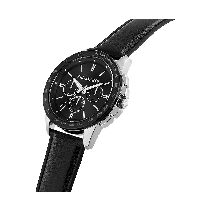 Trussardi Herrenuhr mit Edelstahlgehäuse, schwarzem Zifferblatt und Lederarmband.