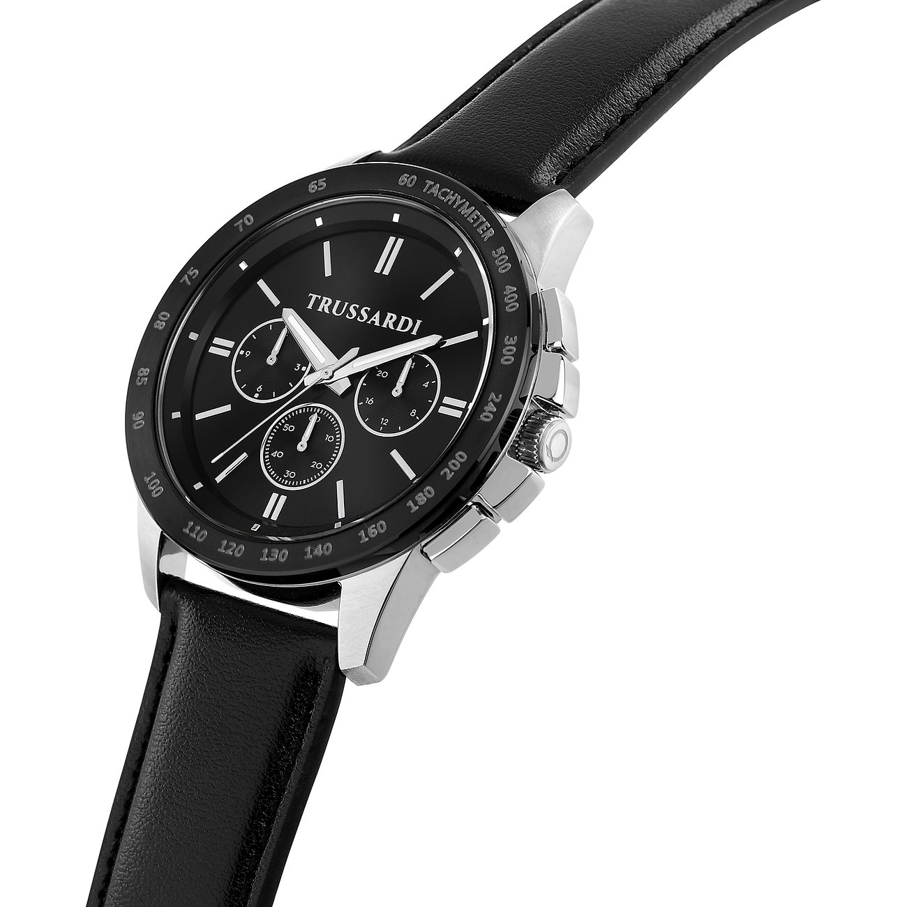 Trussardi Herrenuhr mit Edelstahlgehäuse, schwarzem Zifferblatt und Lederarmband.