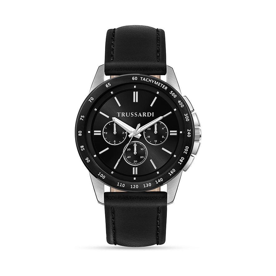 Trussardi Herrenuhr mit Edelstahlgehäuse, schwarzem Zifferblatt und analoger Anzeige.
