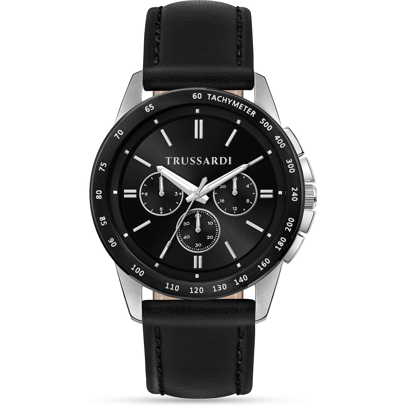 Trussardi Herrenuhr mit Edelstahlgehäuse, schwarzem Zifferblatt und analoger Anzeige.