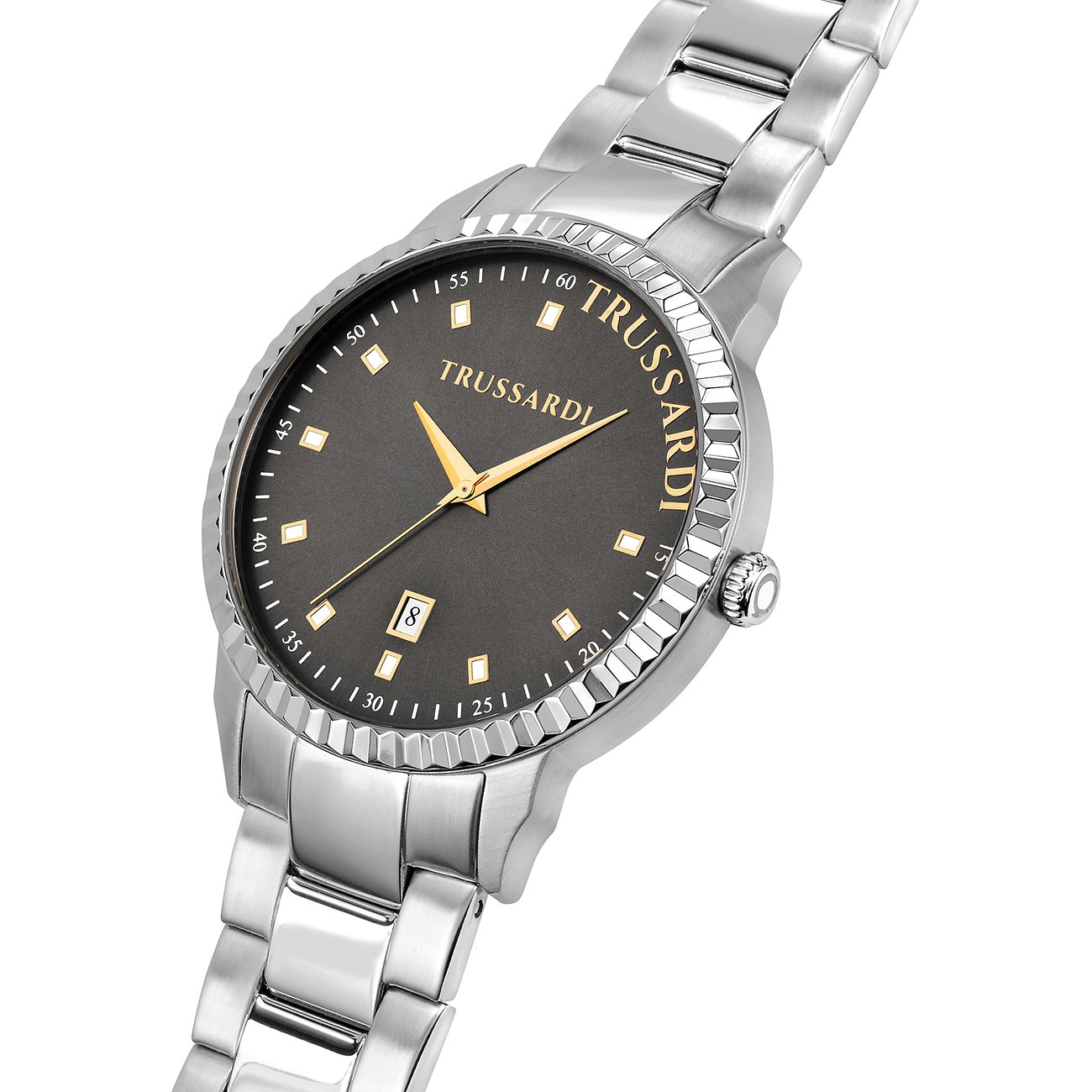 Trussardi herreur med urkasse i rustfrit stål, grå urskive og datovisning.