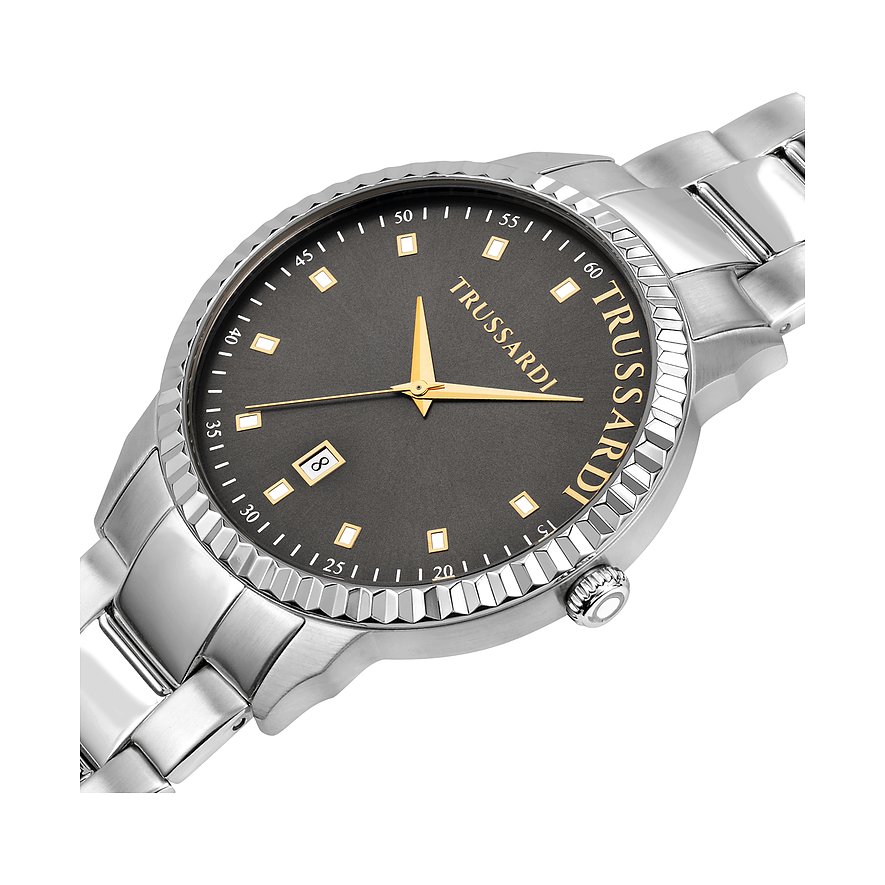 Trussardi herreur med urkasse i rustfrit stål, mørkegrå urskive og guldfarvede indeksmarkører.