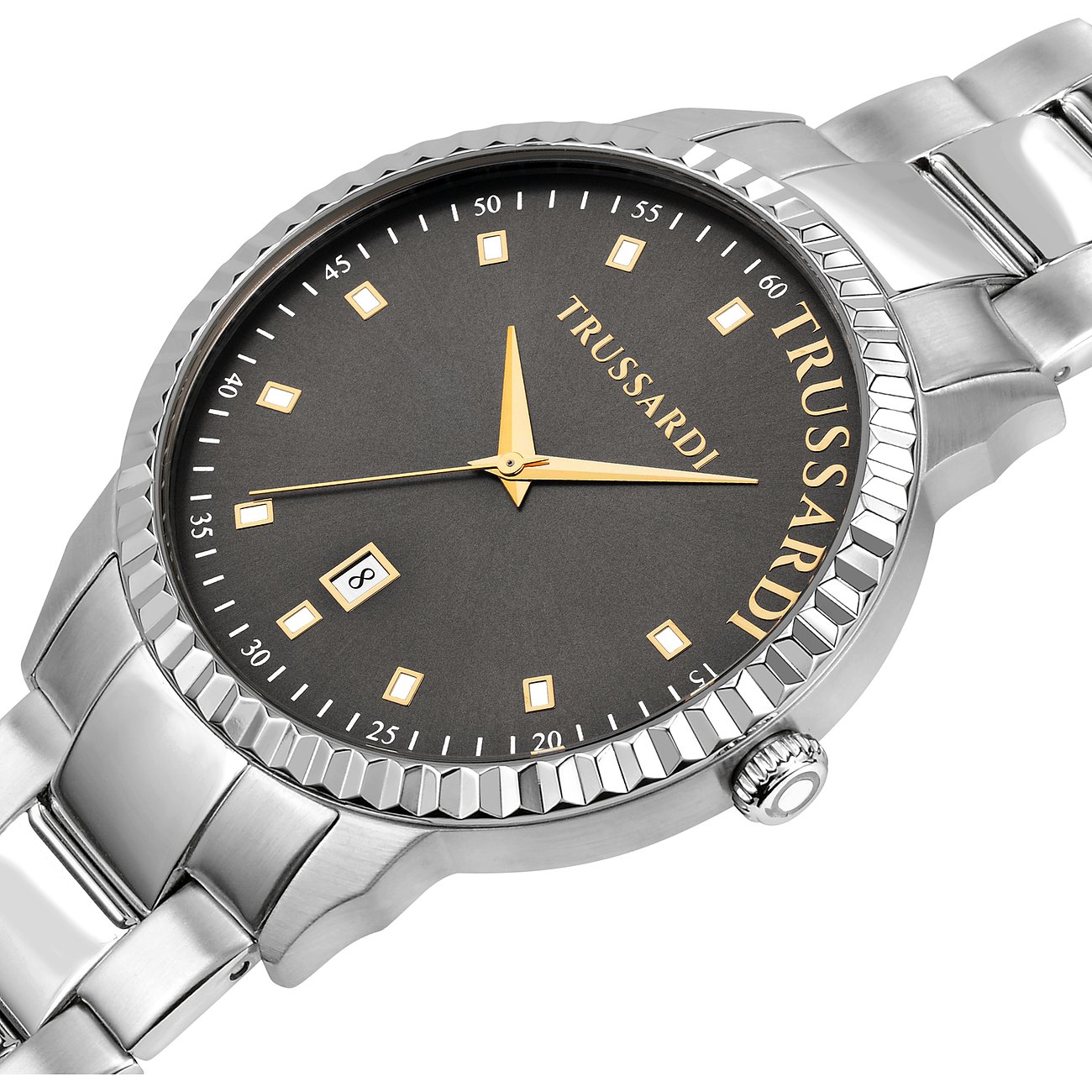 Trussardi herreur med urkasse i rustfrit stål, mørkegrå urskive og guldfarvede indeksmarkører.