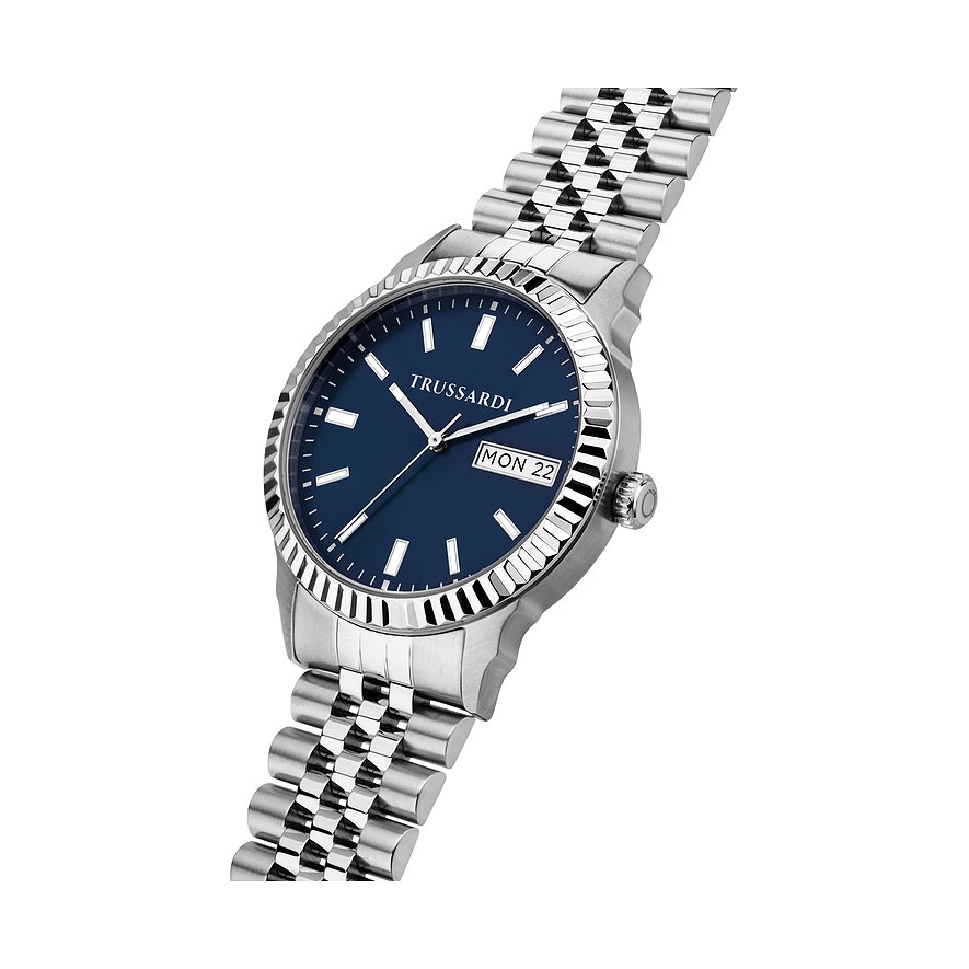 Trussardi Herrenuhr mit Edelstahlgehäuse und blauem Zifferblatt.