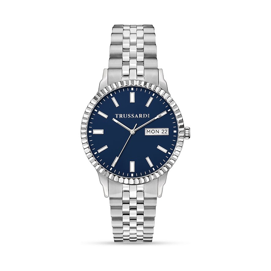 Trussardi Herrenuhr aus Edelstahl mit blauem Zifferblatt und Datumsanzeige.