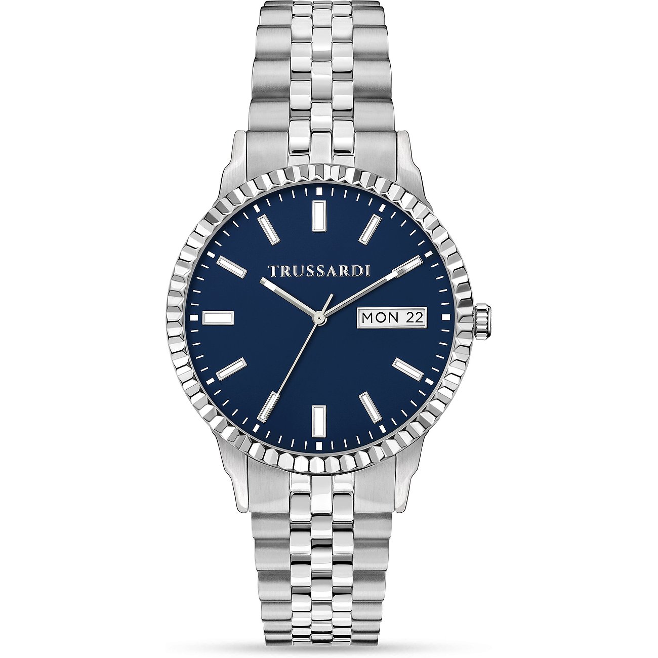 Trussardi Herrenuhr aus Edelstahl mit blauem Zifferblatt und Datumsanzeige.