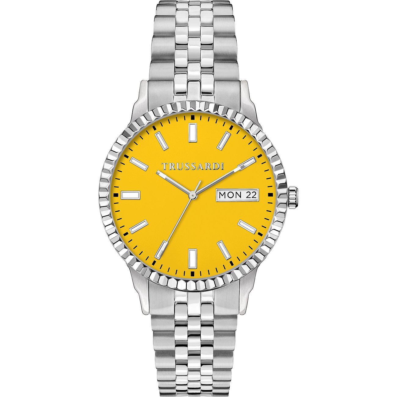 Trussardi Herrenuhr mit Edelstahlgehäuse, gelbes Zifferblatt, analoge Anzeige.