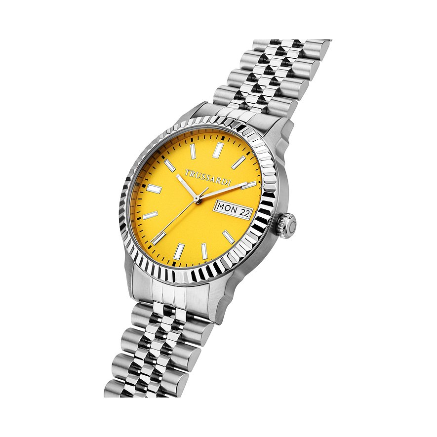 Trussardi Herrenuhr mit Edelstahlgehäuse, gelbem Zifferblatt und Datumsanzeige.