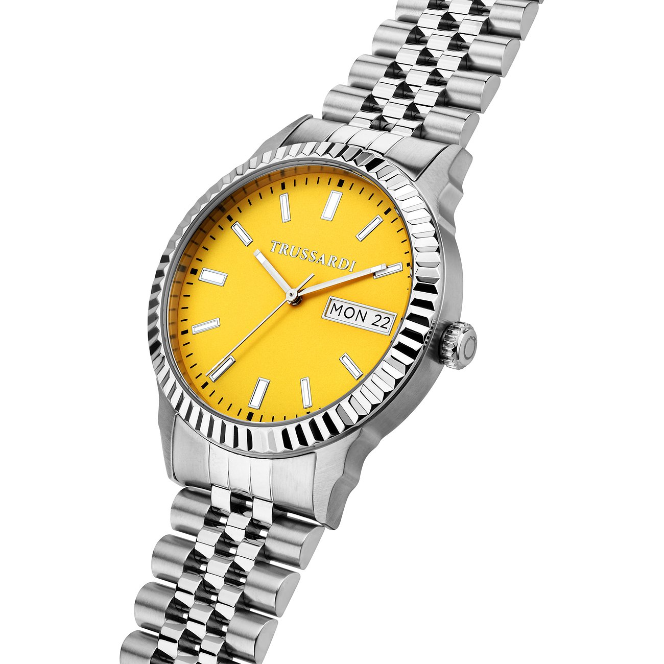Trussardi Herrenuhr mit Edelstahlgehäuse, gelbem Zifferblatt und Datumsanzeige.