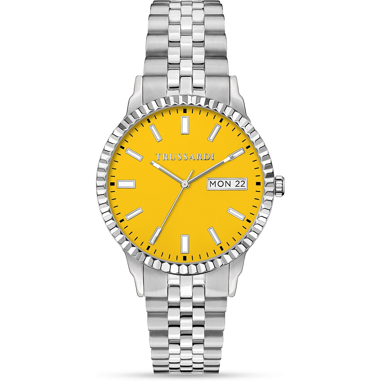 Trussardi Herrenuhr mit Edelstahlgehäuse, gelbem Zifferblatt und silberfarbenem Armband.