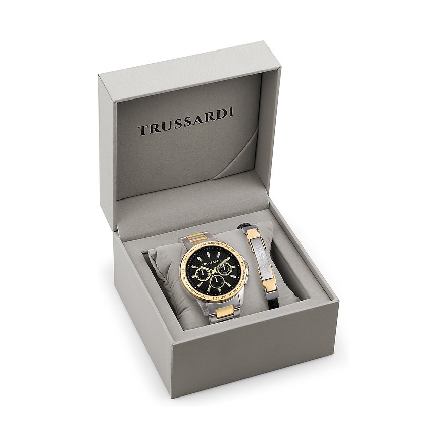 Trussardi set med boett i rostfritt stål, svart urtavla och guldfärgade accenter.
