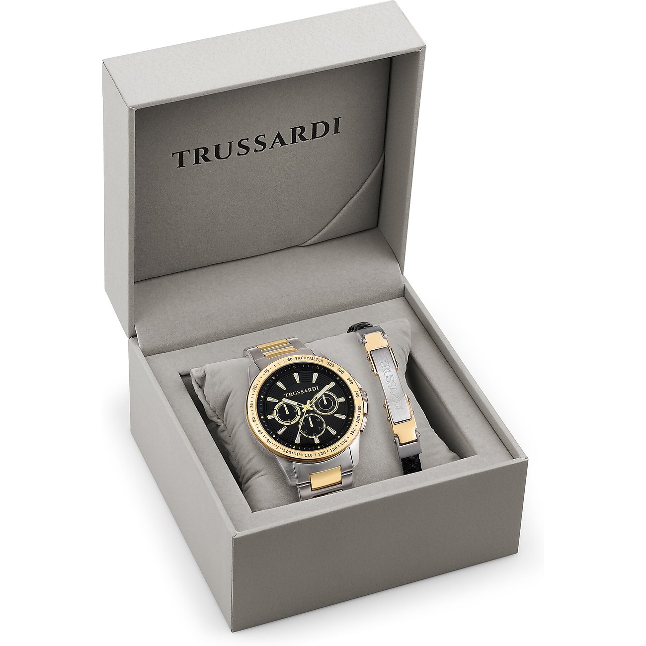 Trussardi set med boett i rostfritt stål, svart urtavla och guldfärgade accenter.