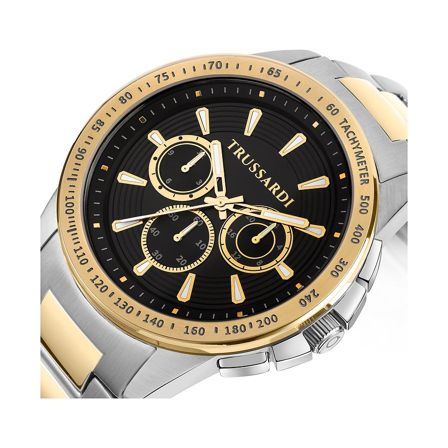 Trussardi herrklocka med boett i rostfritt stål, svart urtavla och guldfärgade accenter.