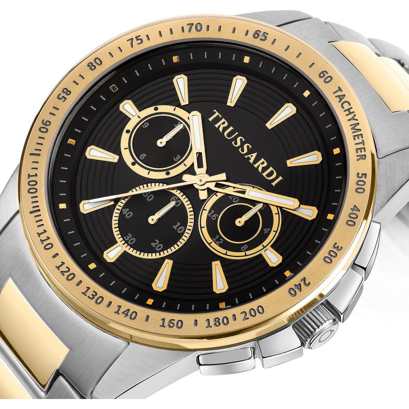 Trussardi herrklocka med boett i rostfritt stål, svart urtavla och guldfärgade accenter.