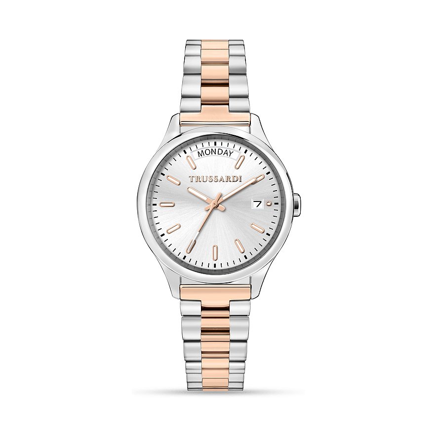 Trussardi Damenuhr mit Edelstahlgehäuse, bicolor, analog, mit Datumsanzeige.