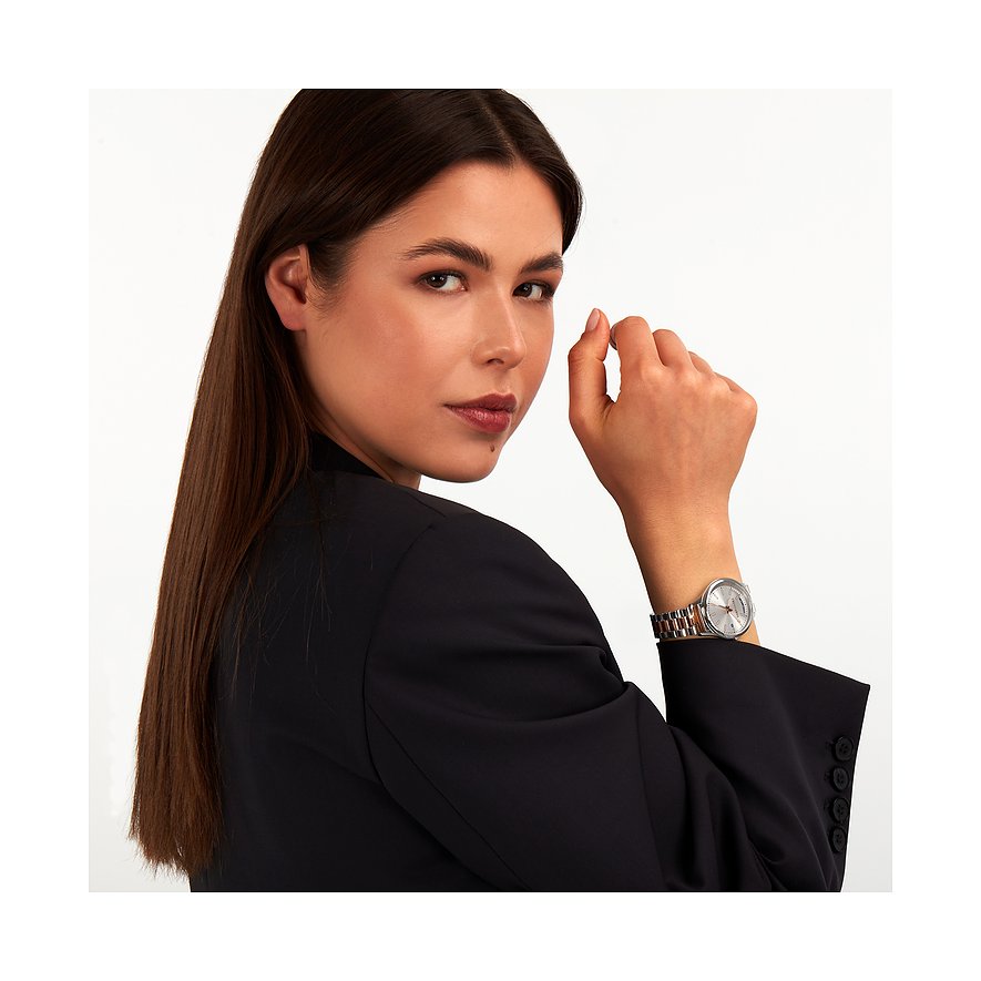 Trussardi Damenuhr mit Edelstahlgehäuse, silberfarbenes Zifferblatt und bicolor Armband.