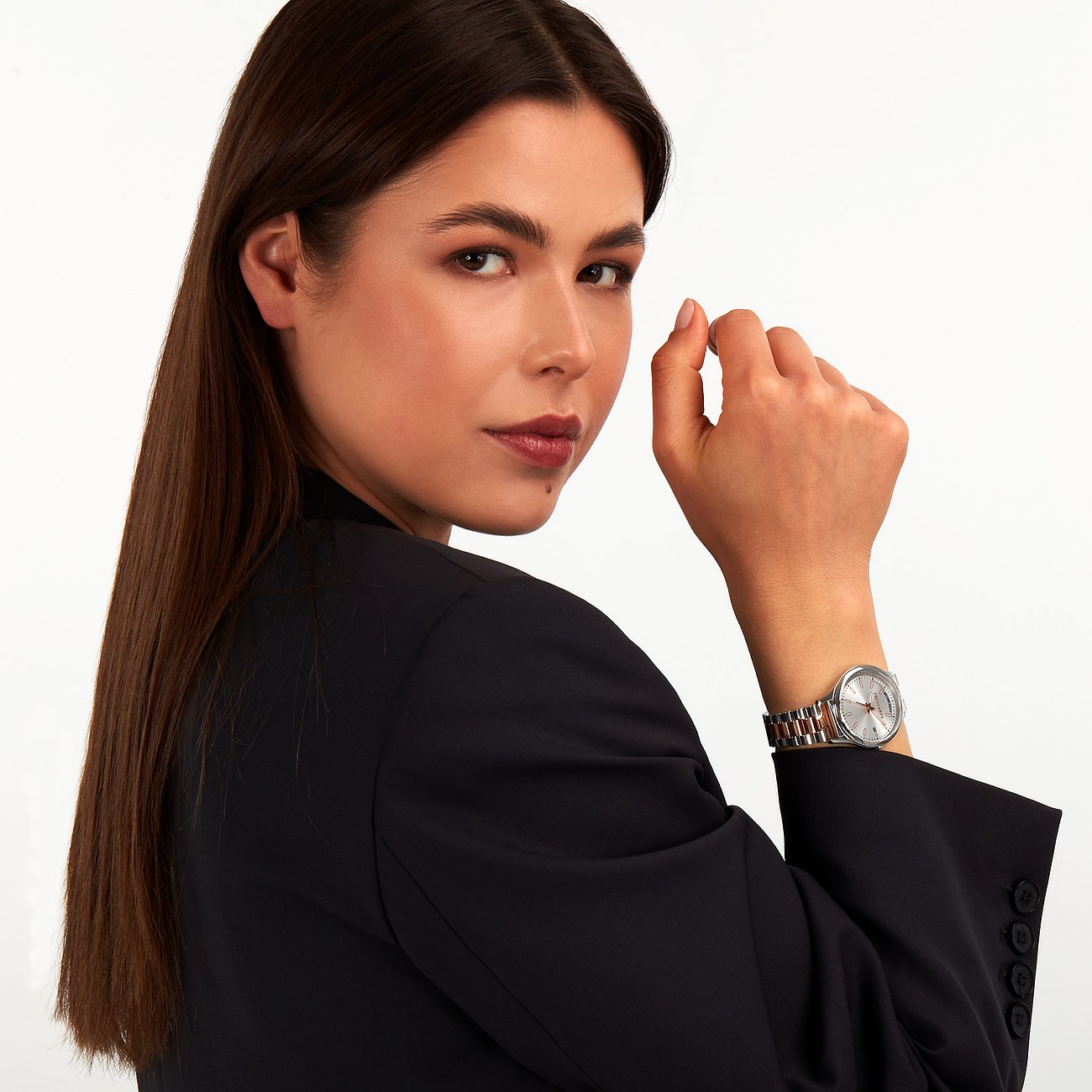 Trussardi Damenuhr mit Edelstahlgehäuse, silberfarbenes Zifferblatt und bicolor Armband.