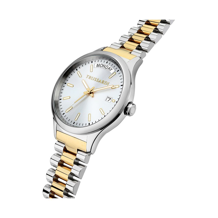 Trussardi Damenuhr mit Edelstahlgehäuse, bicolor, analog mit Datumsanzeige.