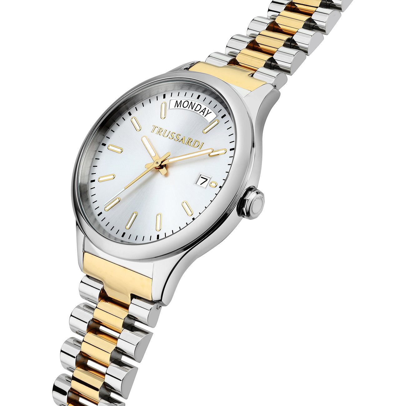 Trussardi Damenuhr mit Edelstahlgehäuse, bicolor, analog mit Datumsanzeige.
