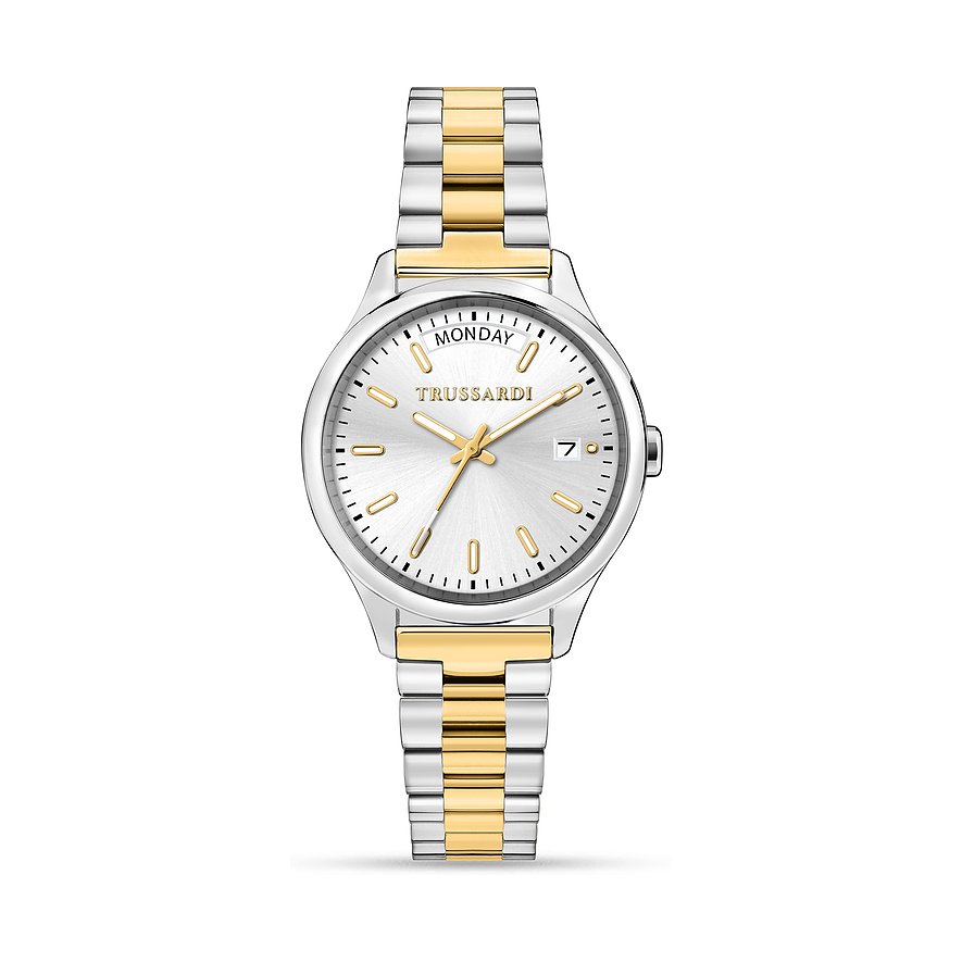 Trussardi Damenuhr mit Edelstahlgehäuse, bicolor, analog, mit Datumsanzeige.