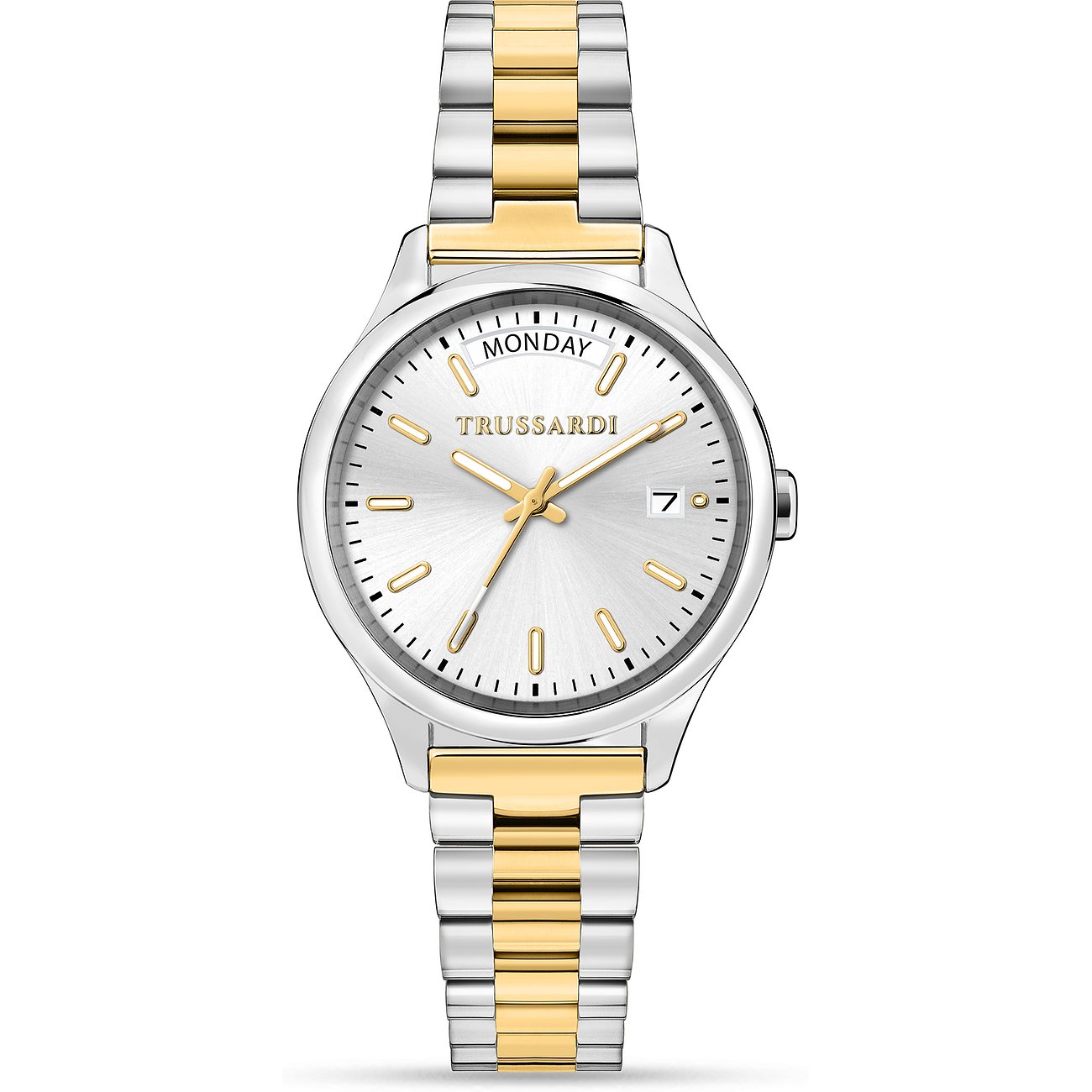 Trussardi Damenuhr mit Edelstahlgehäuse, bicolor, analog, mit Datumsanzeige.