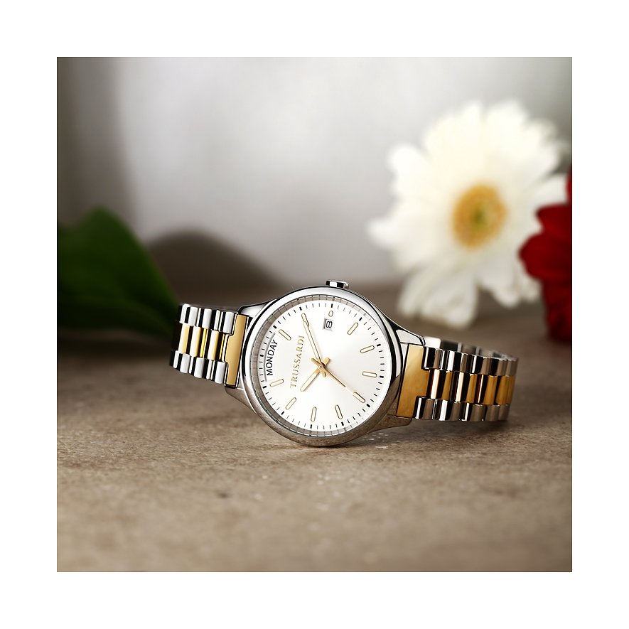 Trussardi Damenuhr mit Edelstahlgehäuse, bicolor, analog mit Datumsanzeige.