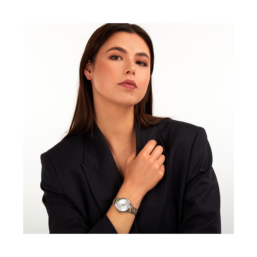 Trussardi Damenuhr mit Edelstahlgehäuse, silberfarbenes Zifferblatt und bicolor Armband.
