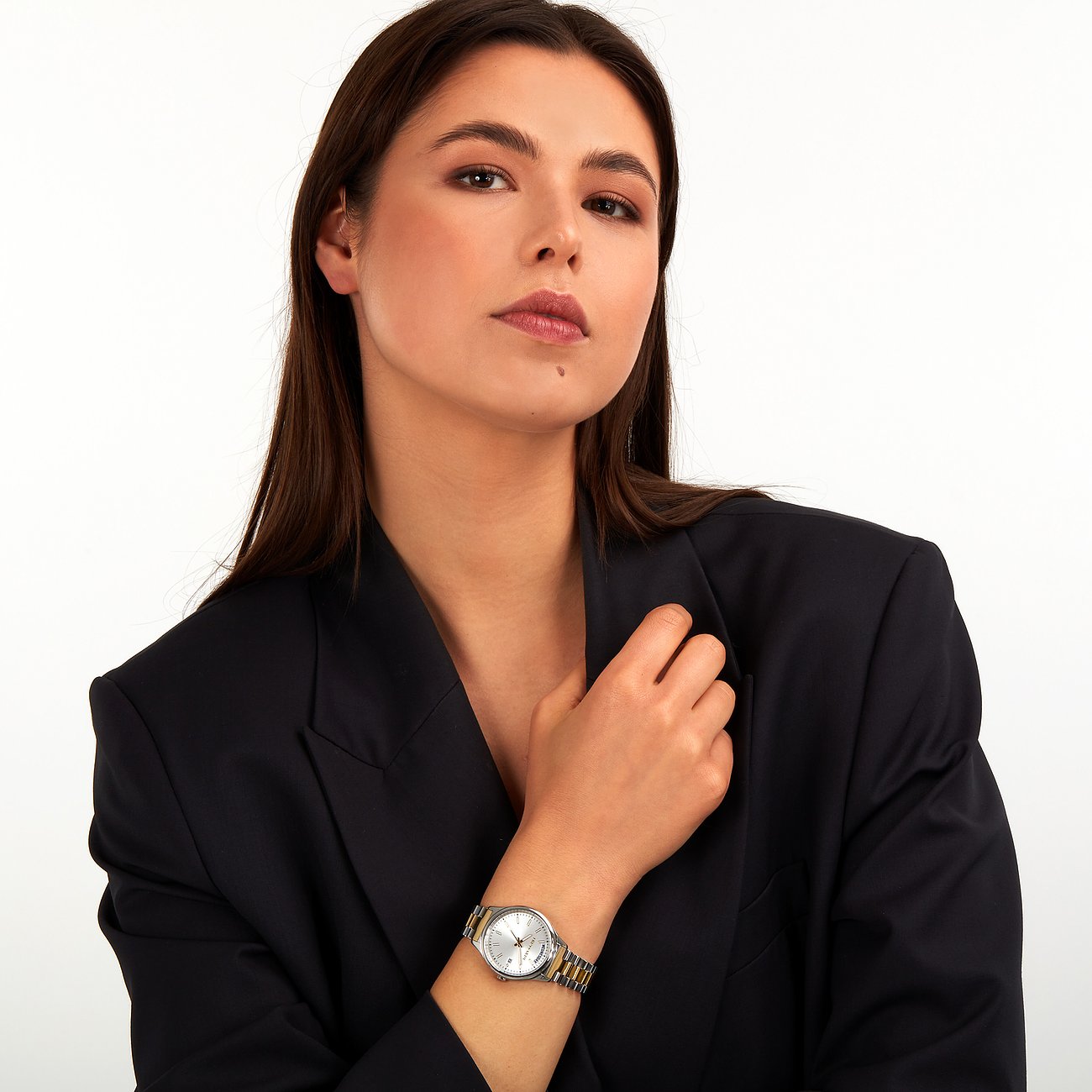 Trussardi Damenuhr mit Edelstahlgehäuse, silberfarbenes Zifferblatt und bicolor Armband.