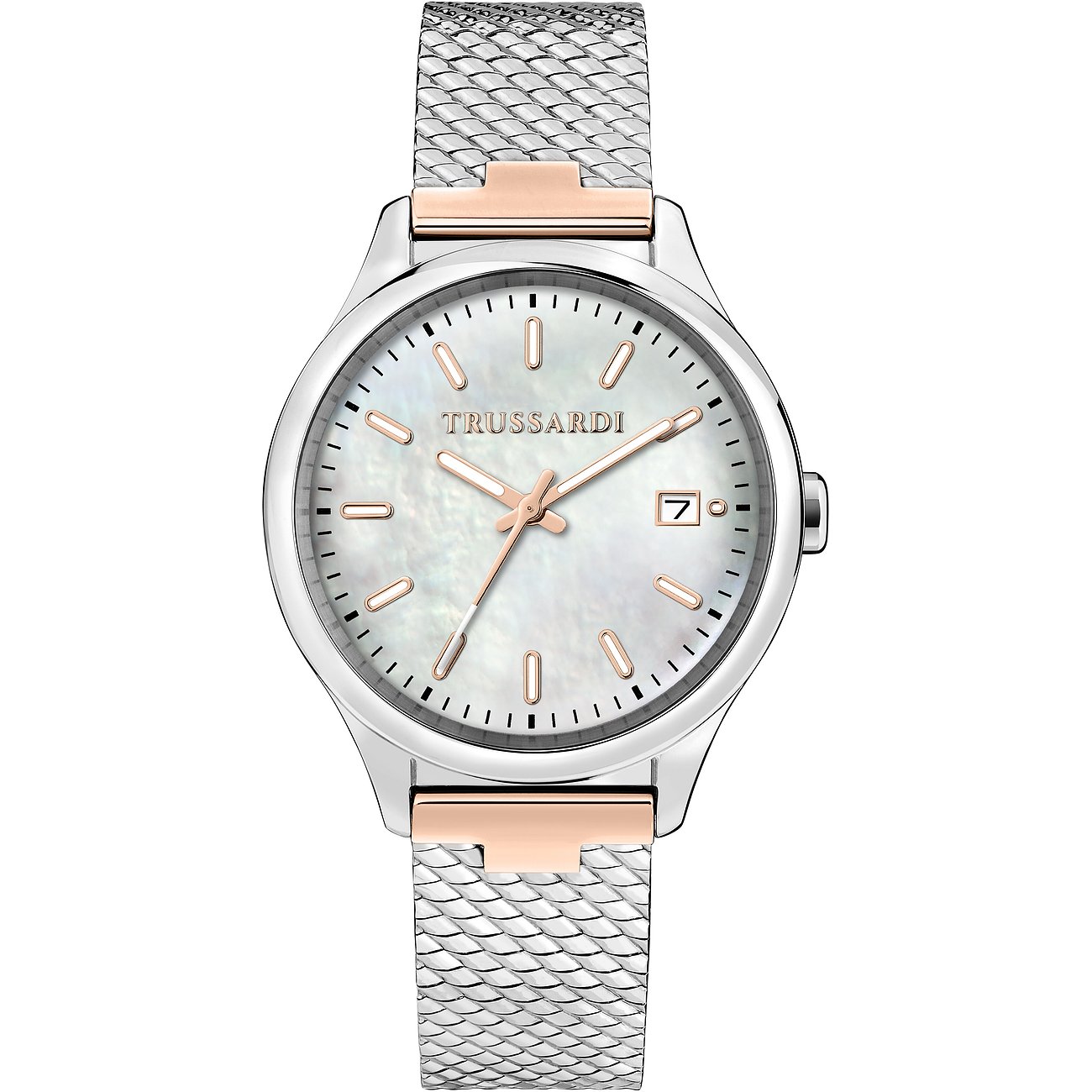 Trussardi Damenuhr mit Edelstahlgehäuse, silberfarben und roségoldfarben, analog.