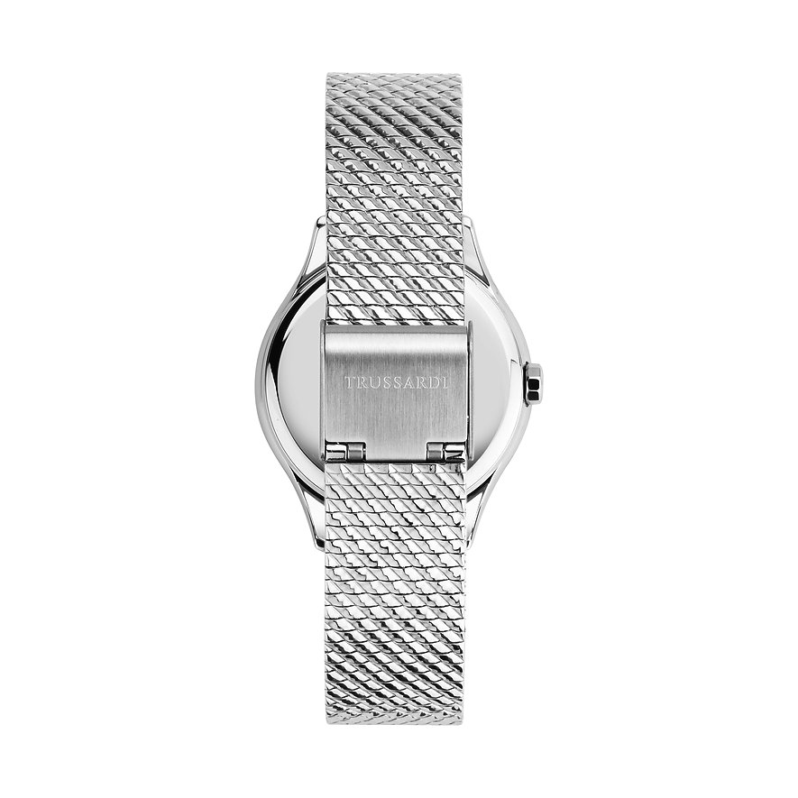 Trussardi Damenuhr mit Edelstahlgehäuse und Mesh-Armband.