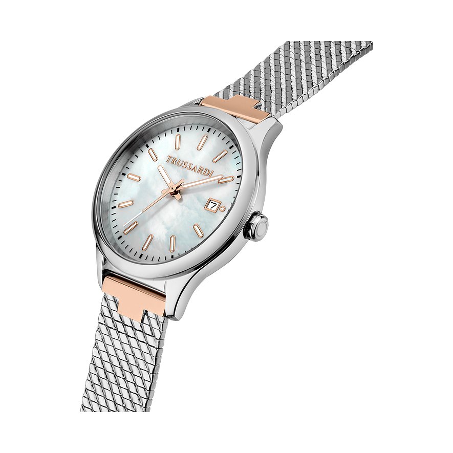 Trussardi Damenuhr mit Edelstahlgehäuse, weißem Zifferblatt und roséfarbenen Akzenten.