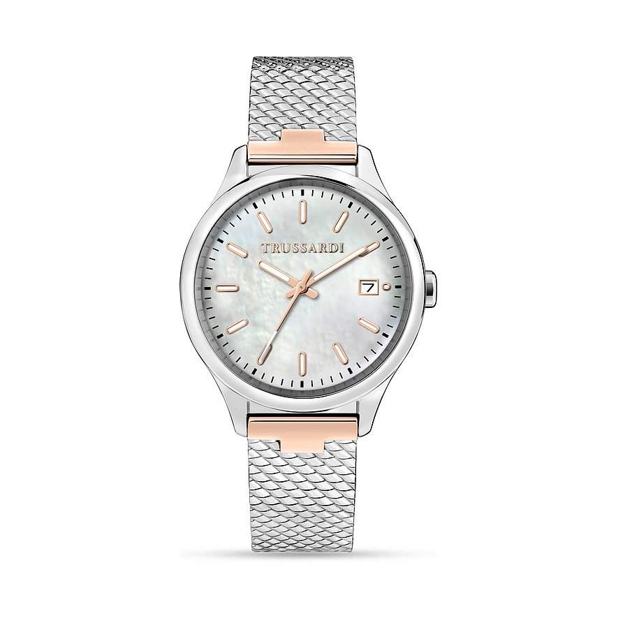 Trussardi Damenuhr mit Edelstahlgehäuse, Perlmuttzifferblatt und roséfarbenen Akzenten.