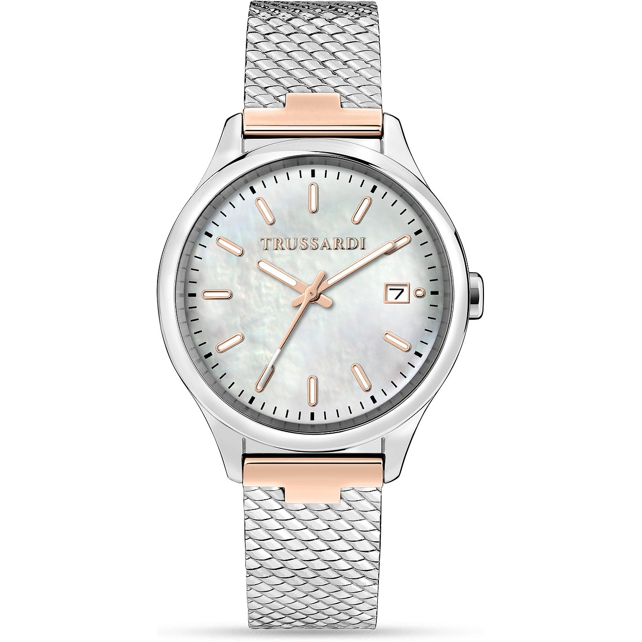Trussardi Damenuhr mit Edelstahlgehäuse, Perlmuttzifferblatt und roséfarbenen Akzenten.