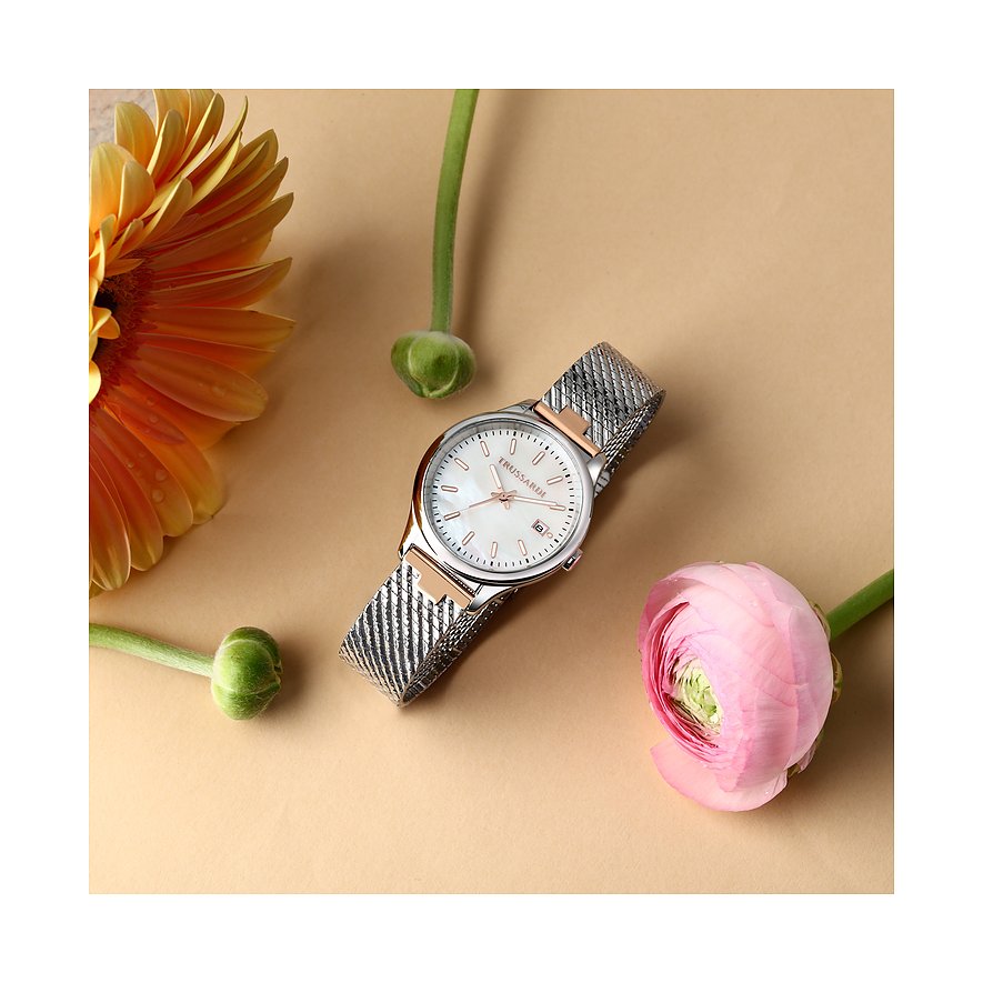 Trussardi Damenuhr mit Edelstahlgehäuse, analog, bicolor, mit Mesh-Armband.