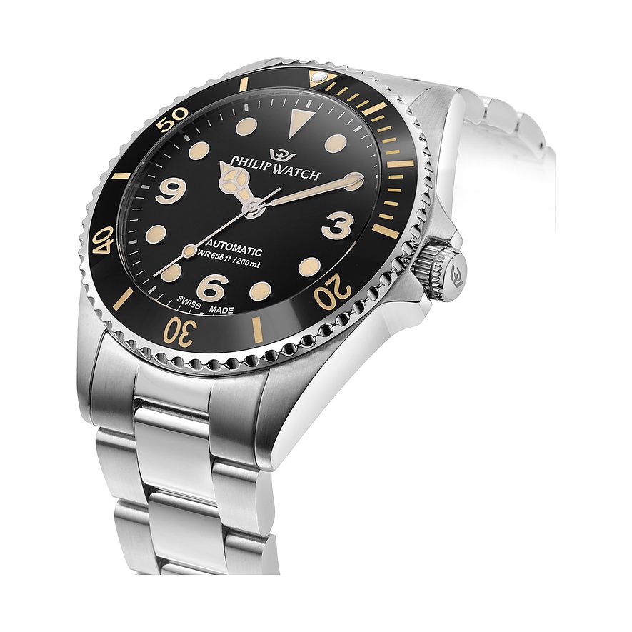 Philip Watch Automatik Uhr mit schwarzem Zifferblatt und Edelstahlgehäuse.